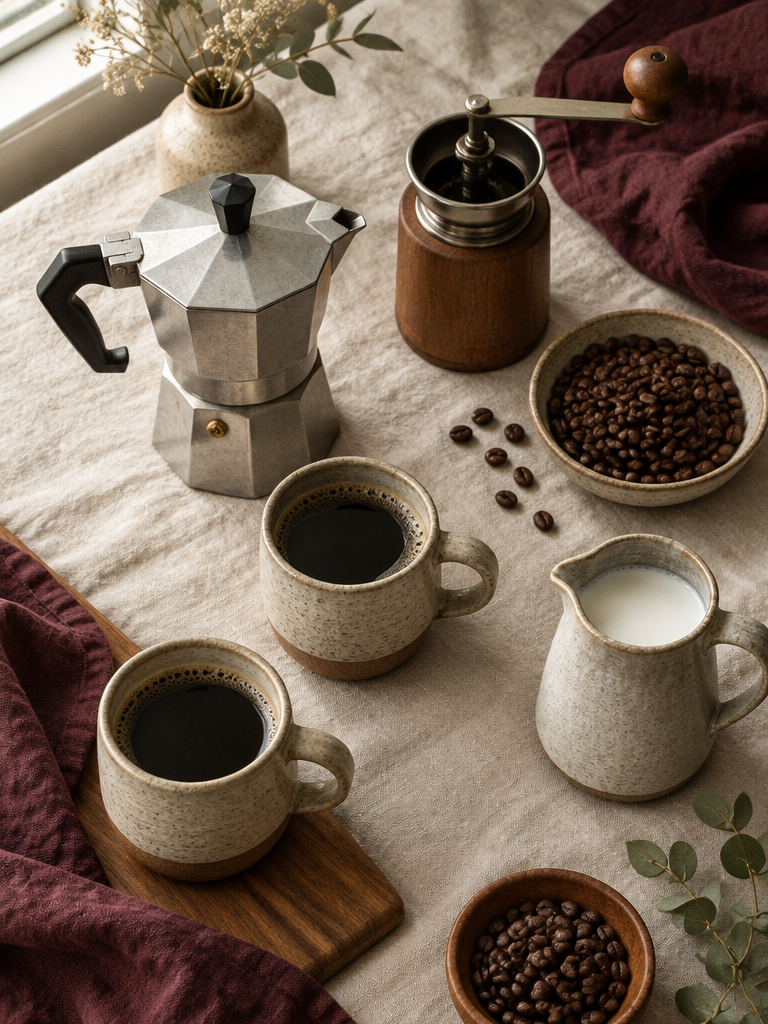 Curated coffee gear on cream linen